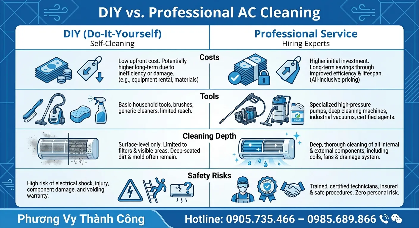 Bảng so sánh chi phí và hiệu quả tự vệ sinh máy lạnh với thuê thợ Phương Vy Thành Công