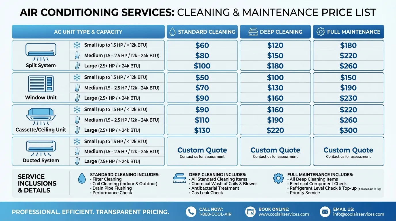 Bảng giá chi tiết dịch vụ vệ sinh, bảo trì và sửa chữa máy điều hòa chuyên nghiệp theo công suất