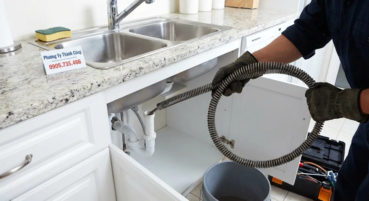 Cách thông tắc chậu rửa bát hiệu quả bằng dây lò xo tại Phương Vy Thành Công