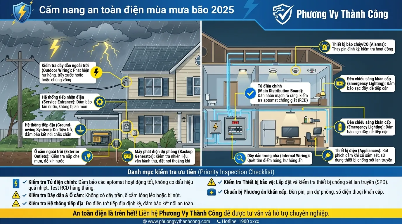 Checklist hướng dẫn kiểm tra an toàn điện mùa mưa bão 2025 chi tiết từ Phương Vy Thành Công