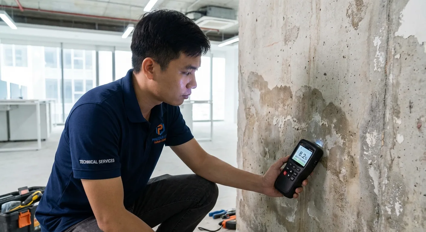 Dịch vụ chống thấm dột Phương Vy Thành Công sử dụng máy móc hiện đại kiểm tra tường 2025
