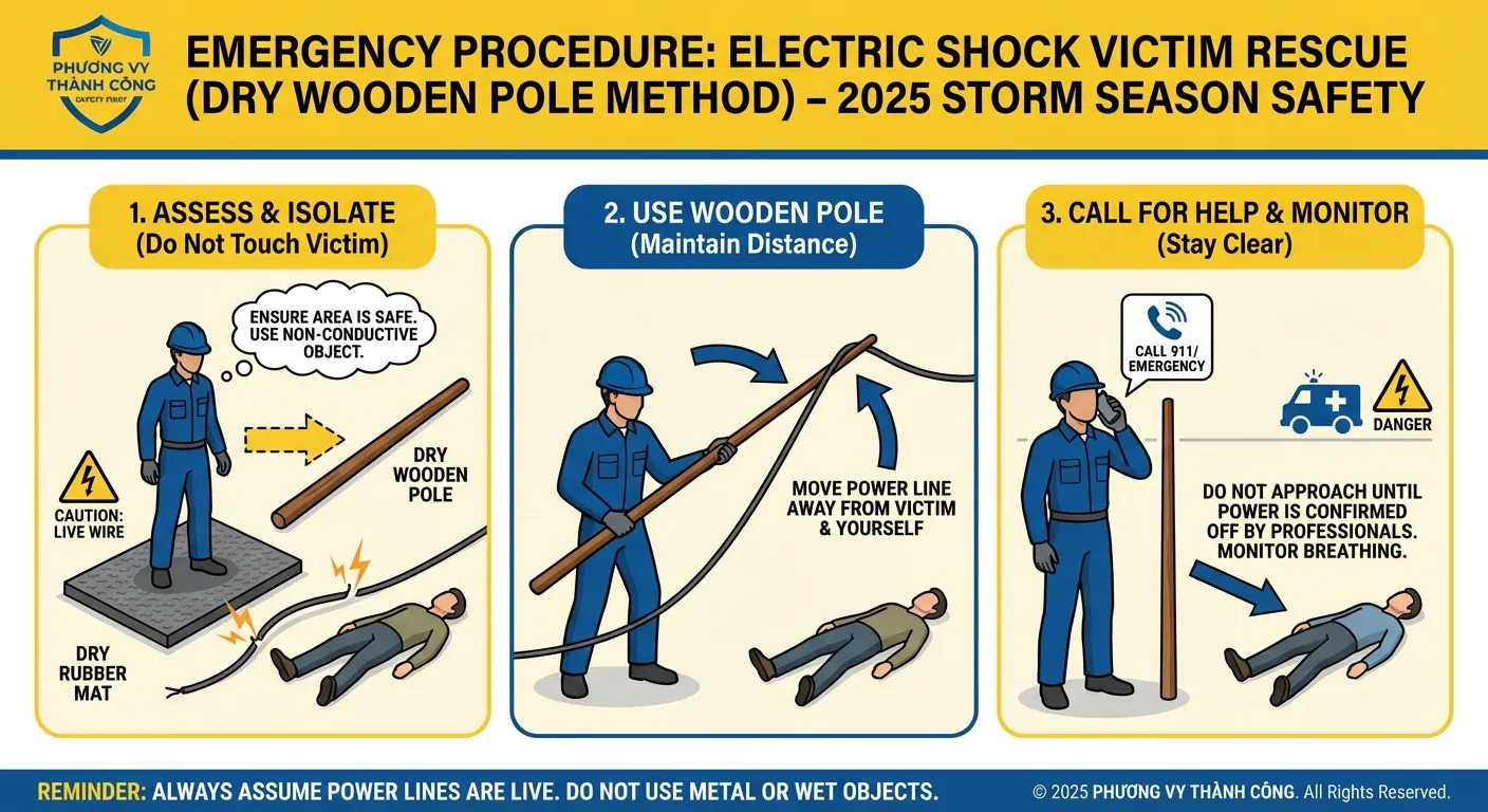 Hướng dẫn các bước cứu người bị điện giật an toàn bằng gậy gỗ từ Phương Vy Thành Công