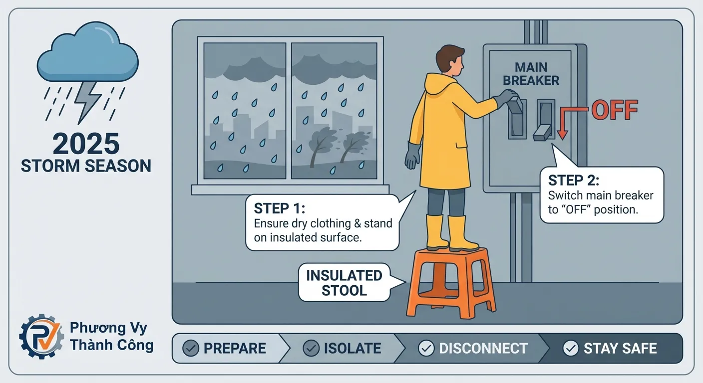 Hướng dẫn ngắt cầu dao an toàn trên ghế nhựa khô mùa mưa bão 2025 từ Phương Vy Thành Công