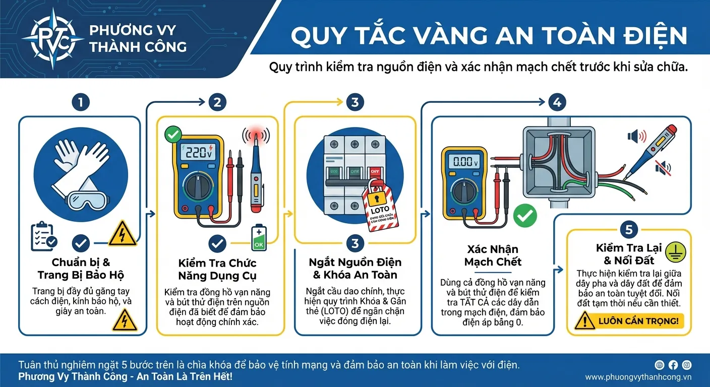Infographic hướng dẫn quy tắc vàng an toàn điện và quy trình kiểm tra nguồn từ Phương Vy Thành Công