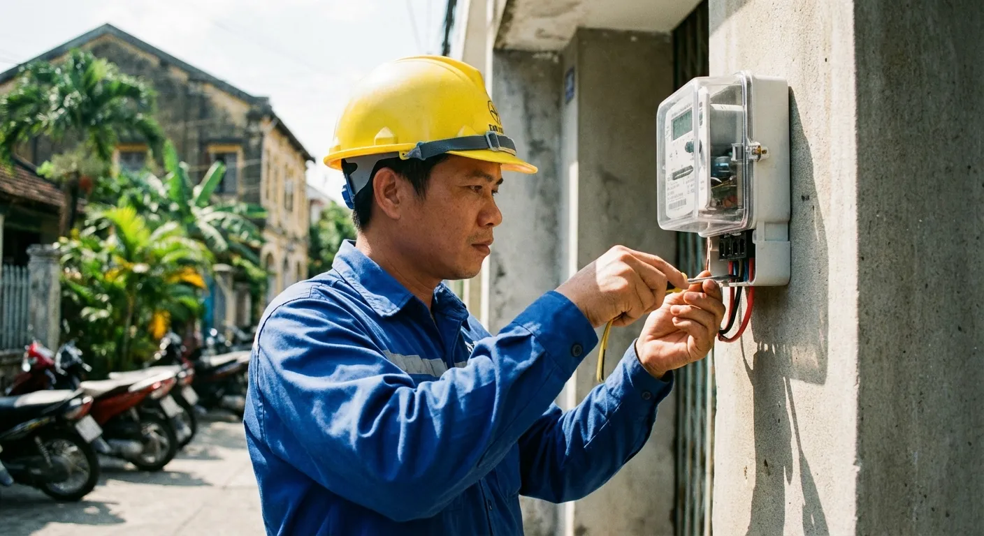 Kỹ thuật viên điện chuyên nghiệp đang thực hiện lắp đặt và kiểm tra công tơ điện tại Đà Nẵng