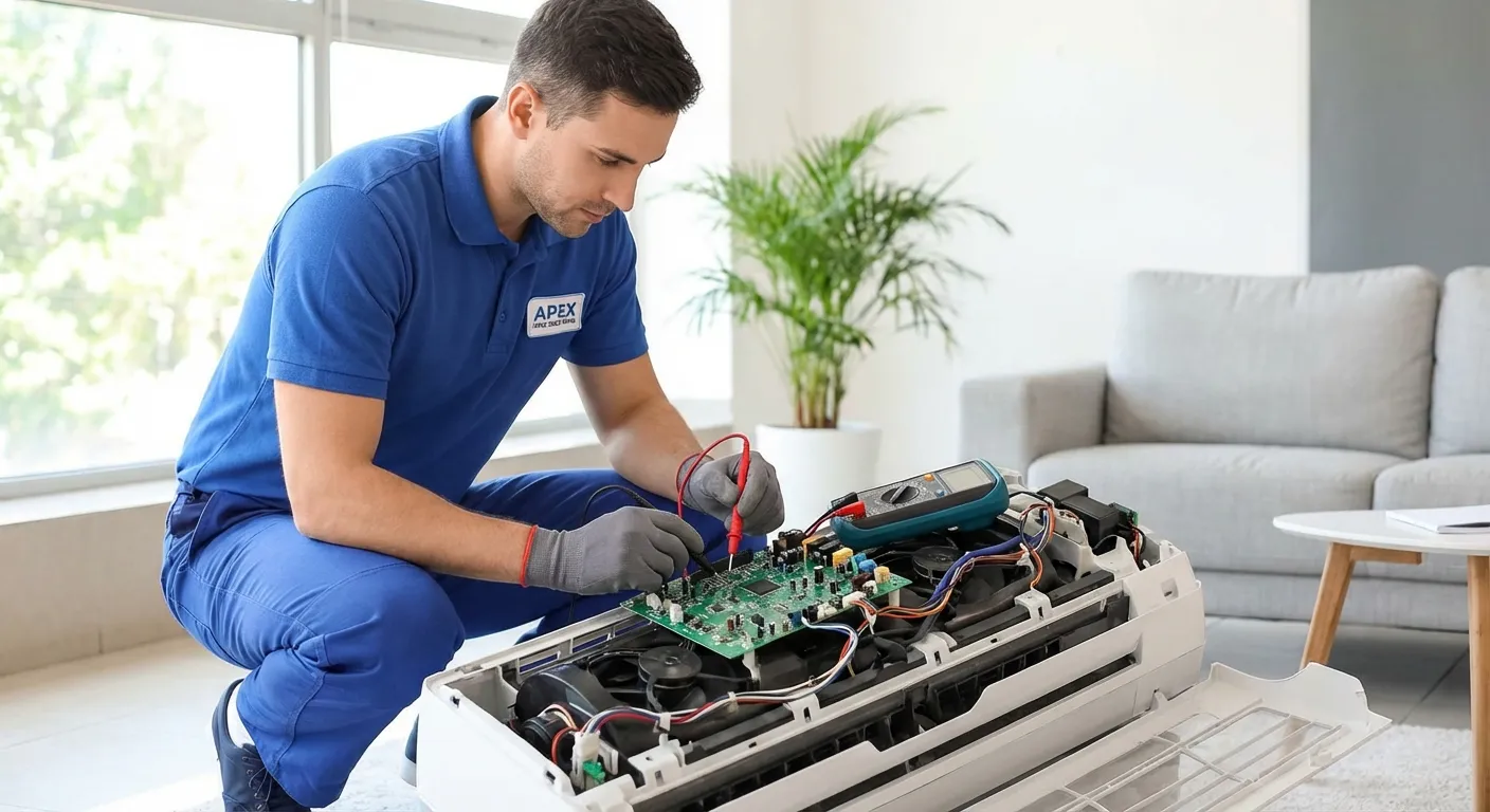 Kỹ thuật viên Điện nước Thành Công đang kiểm tra bo mạch và sửa máy điều hòa tại nhà khách hàng