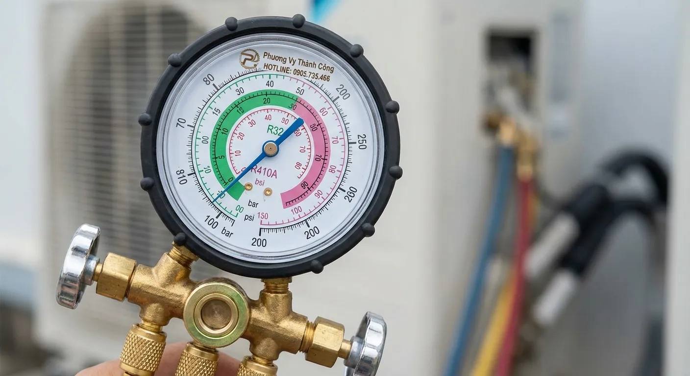 Kiểm tra áp suất gas R32 và R410A bằng đồng hồ chuyên dụng tại Phương Vy Thành Công