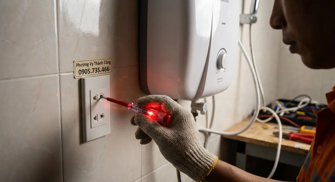 Kiểm tra nguồn điện bình nóng lạnh bằng bút thử điện - Dịch vụ Phương Vy Thành Công