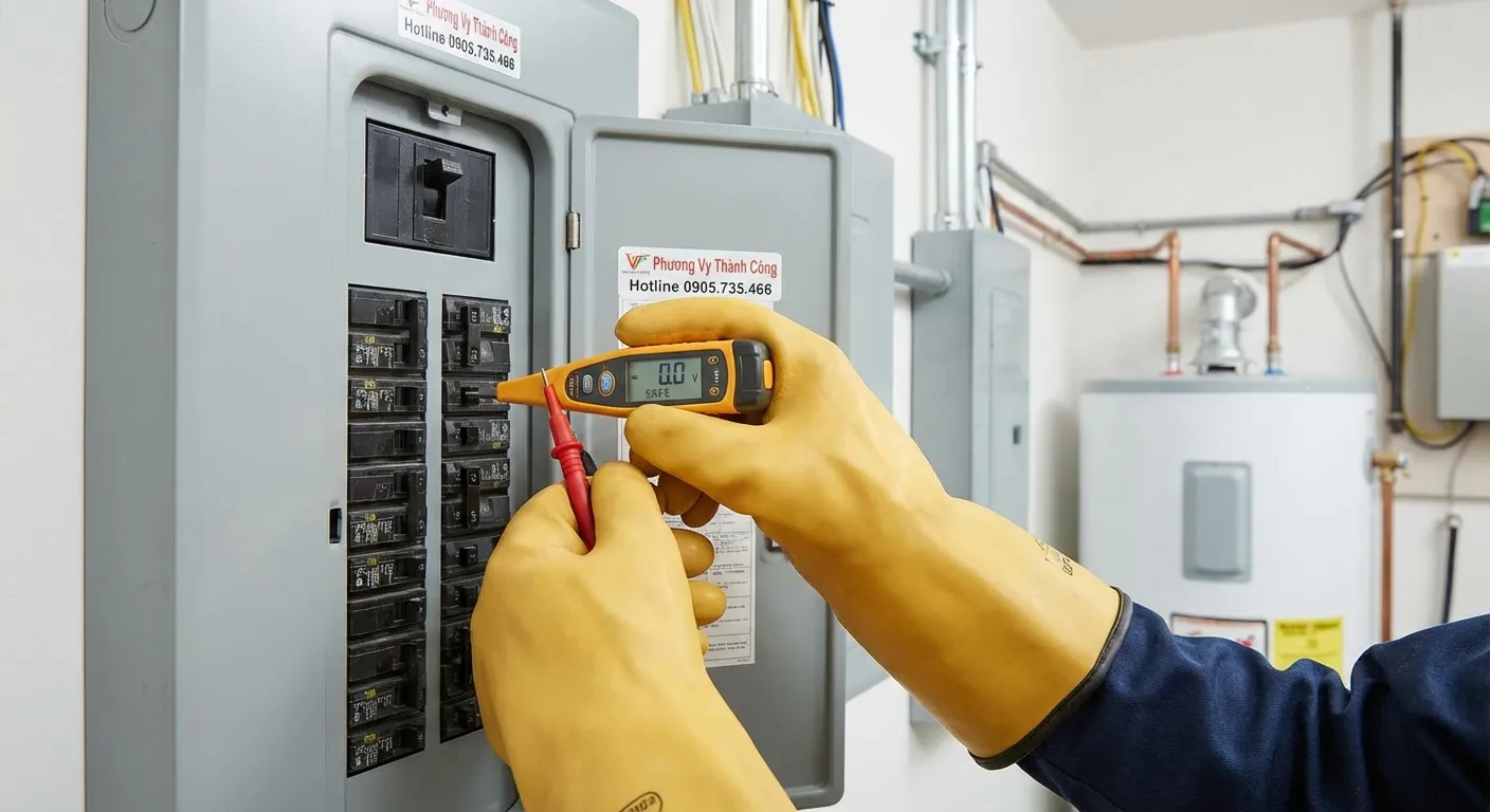 Kỹ thuật viên Phương Vy Thành Công dùng bút thử điện kiểm tra aptomat bình nóng lạnh an toàn