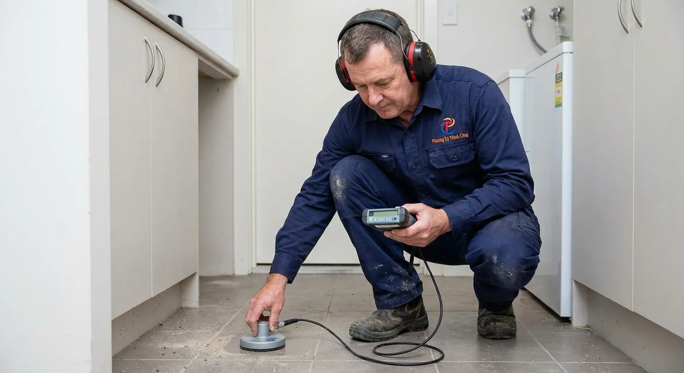 Kỹ thuật viên Phương Vy Thành Công dùng máy dò siêu âm xử lý sự cố đường ống nước phức tạp