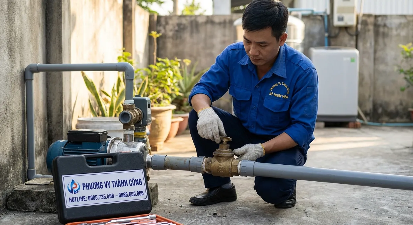Kỹ thuật viên Phương Vy Thành Công kiểm tra lupe và đường ống hút máy bơm nước dân dụng