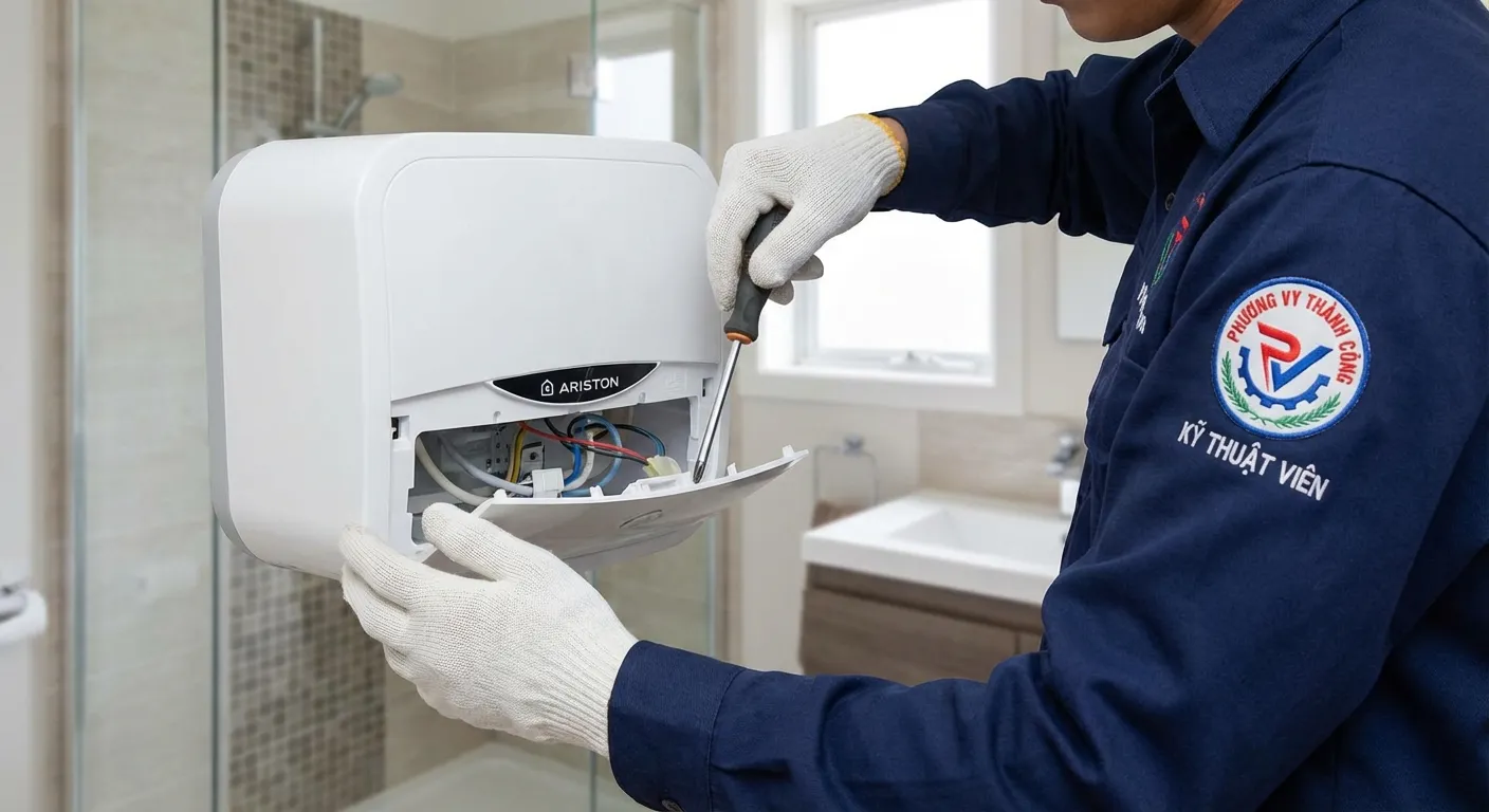 Kỹ thuật viên Phương Vy Thành Công tháo vỏ bình nóng lạnh Ariston để sửa lỗi không vào điện.