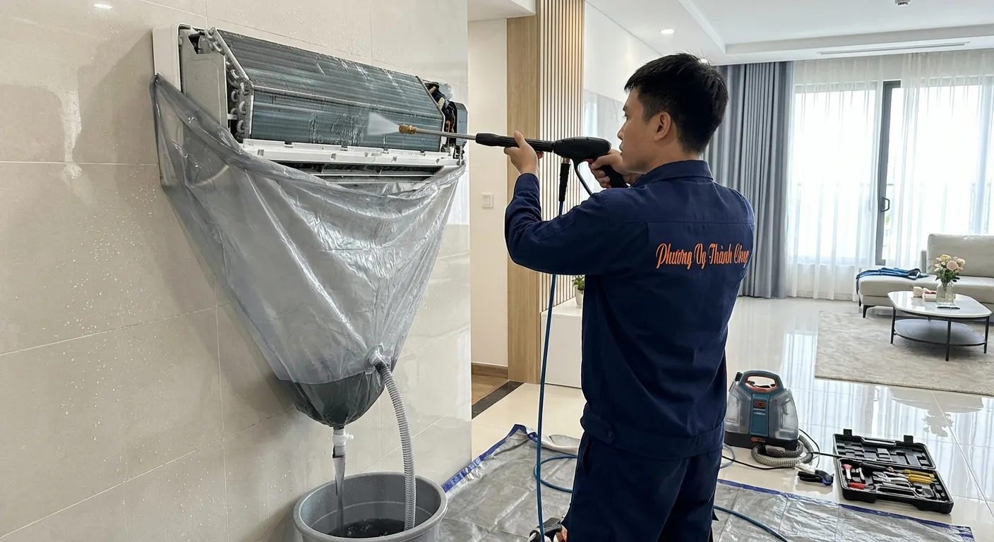 Kỹ thuật viên Phương Vy Thành Công vệ sinh máy lạnh chuyên nghiệp, sạch sâu và tiết kiệm điện