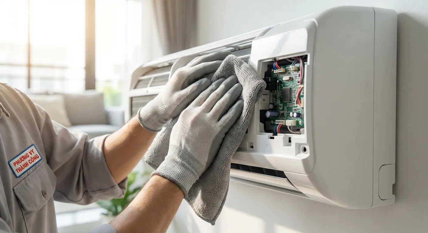 Nhân viên Phương Vy Thành Công dùng khăn microfiber lau khô vỏ máy lạnh và kiểm tra bo mạch