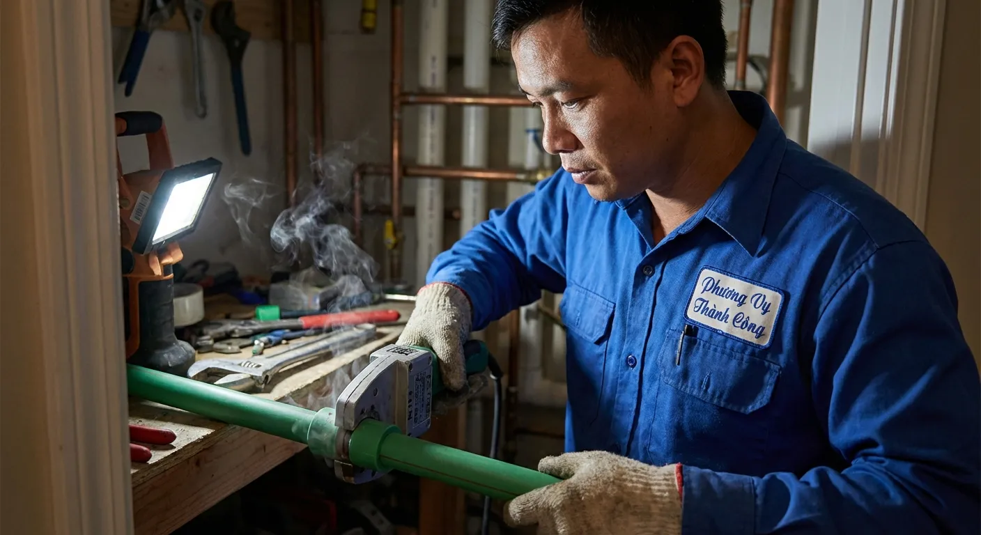 Nhân viên Phương Vy Thành Công hàn ống PPR chuyên nghiệp xử lý sự cố đường ống nước phức tạp