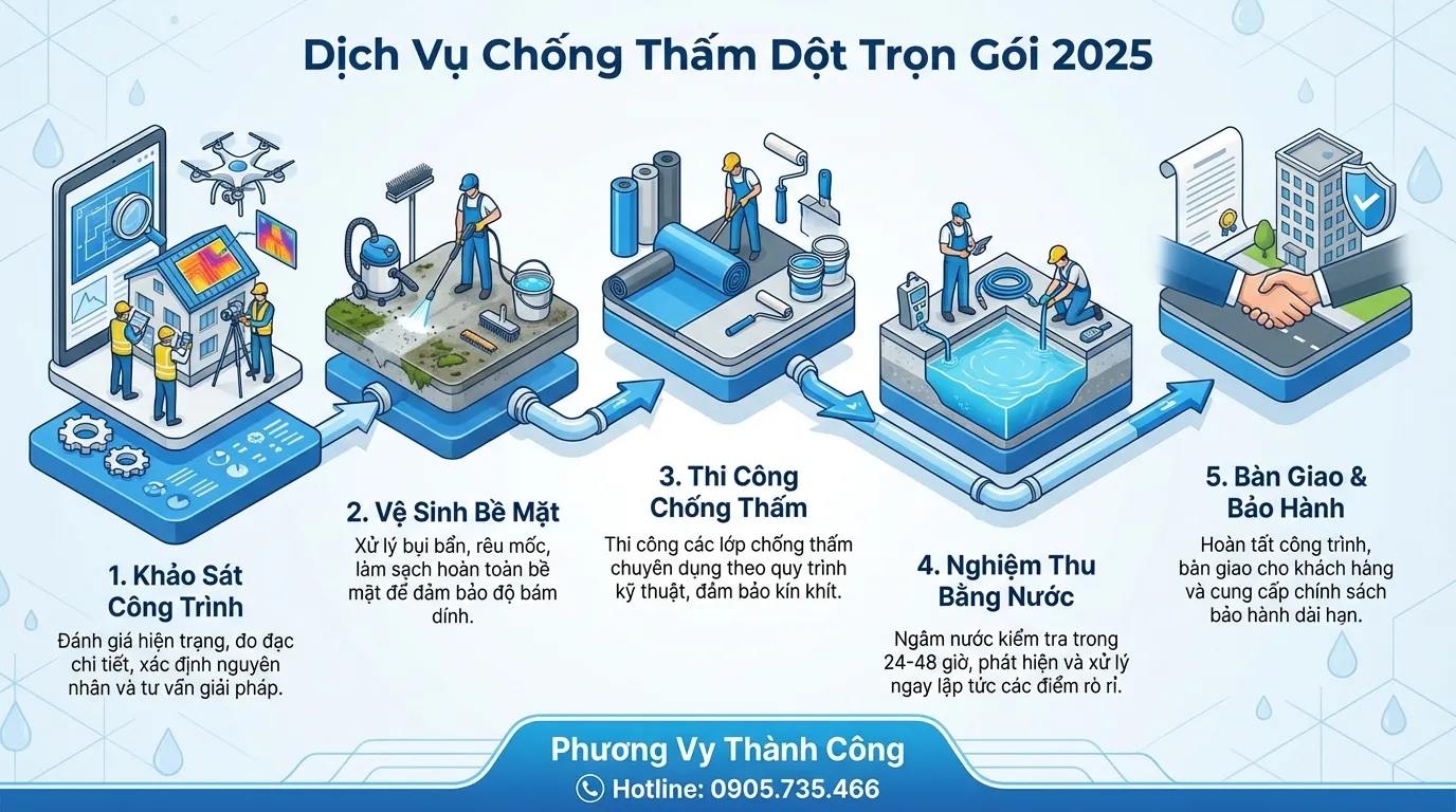 Quy trình 5 bước chống thấm dột trọn gói chuyên nghiệp tại Phương Vy Thành Công năm 2025