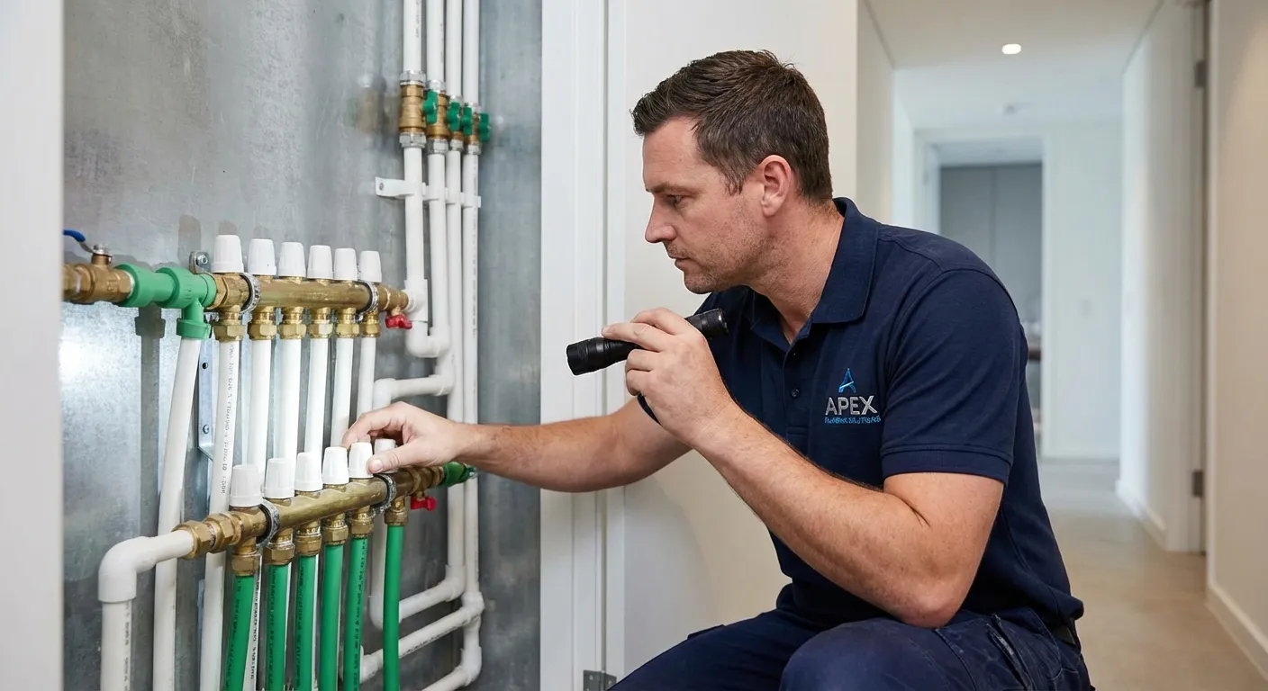 Thợ điện nước Phương Vy Thành Công kiểm tra hệ thống ống nước chuyên nghiệp tại căn hộ hiện đại