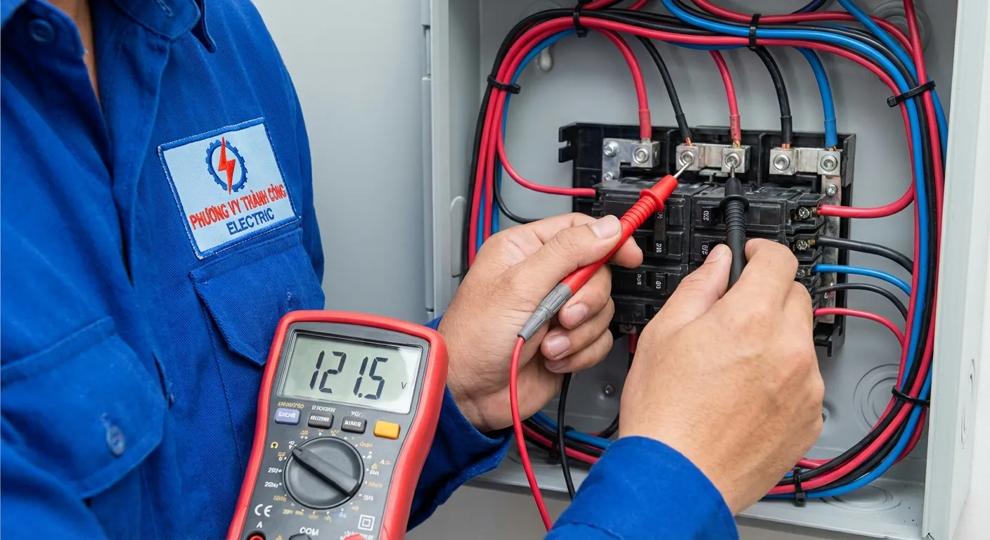 Thợ điện Phương Vy Thành Công dùng đồng hồ vạn năng kiểm tra sửa chữa Aptomat bị nhảy liên tục