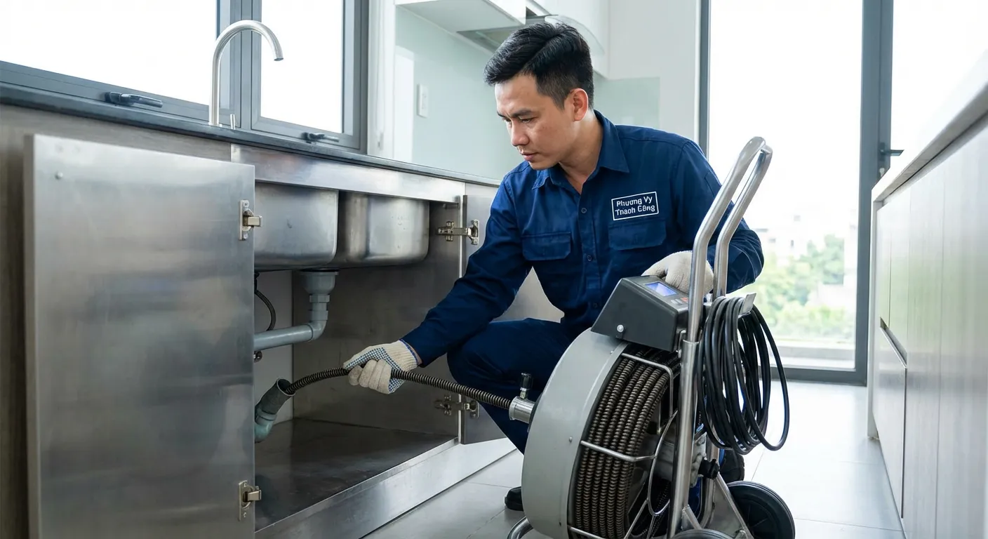 Thợ Phương Vy Thành Công dùng máy lò xo hiện đại thông tắc bồn rửa bát chuyên nghiệp uy tín