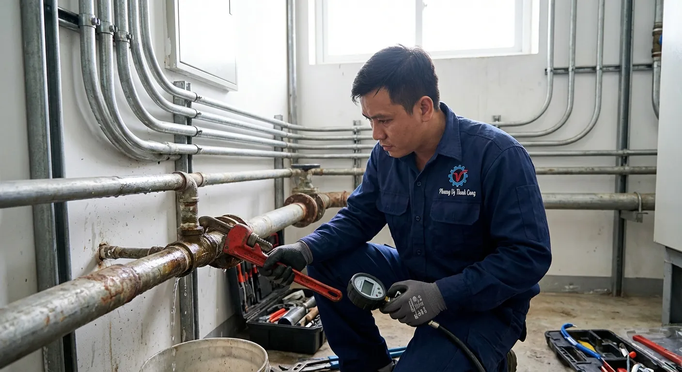 Thợ Phương Vy Thành Công sửa chữa hệ thống ống nước rò rỉ bằng dụng cụ chuyên dụng hiện đại.