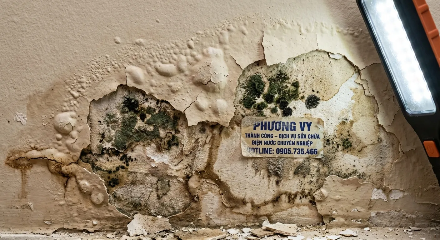 Xử lý sự cố tường bị thấm nước ẩm mốc bong tróc do rò rỉ ống nước - Phương Vy Thành Công 0905.735.466