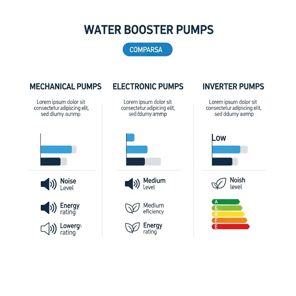 Bảng so sánh độ ồn và hiệu suất giữa máy bơm tăng áp cơ, điện tử và biến tần.