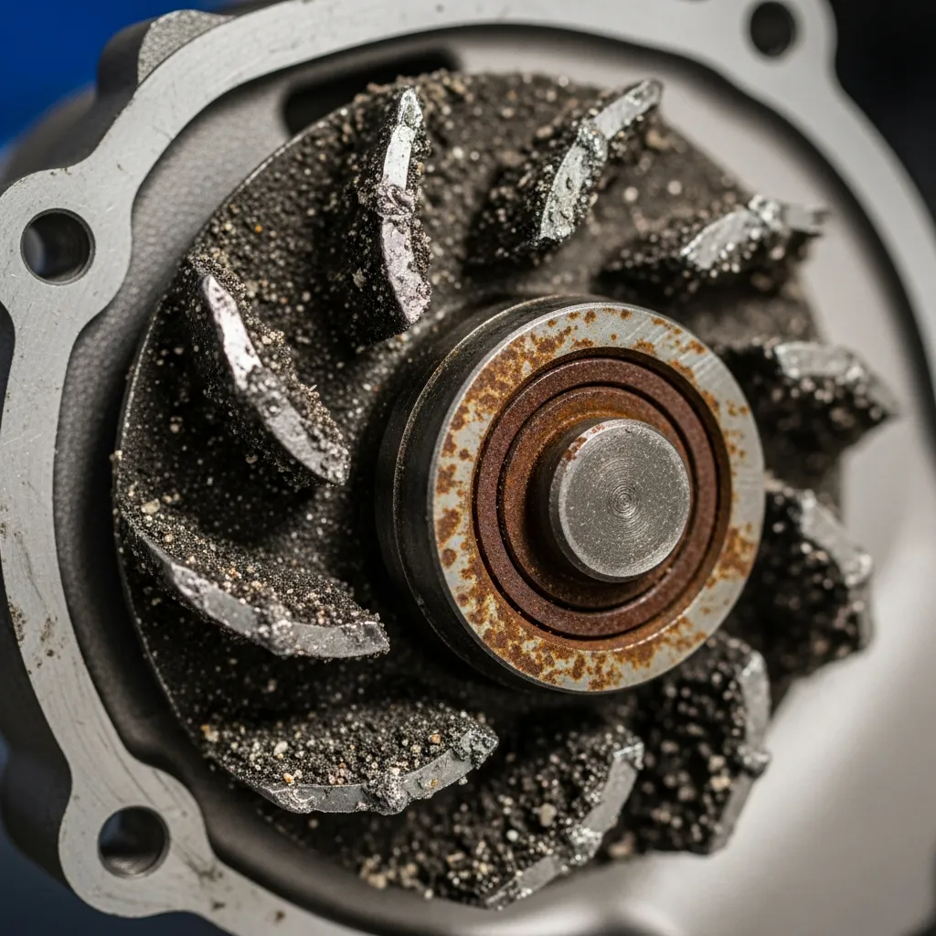 Cận cảnh cánh quạt máy bơm nước bị hỏng và vòng bi rỉ sét gây tiếng ồn lớn khi vận hành