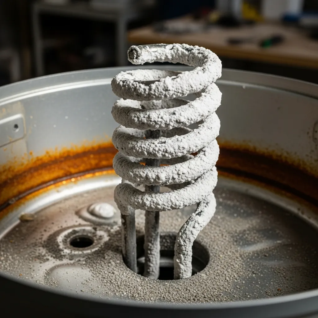 Cận cảnh thanh đốt bình nóng lạnh Ariston bị bám cặn vôi và rỉ sét cần sửa chữa