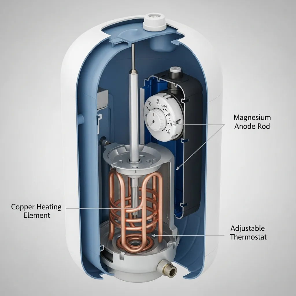 Cấu tạo bình nóng lạnh Ariston gồm thanh đốt, rơ le và thanh magie