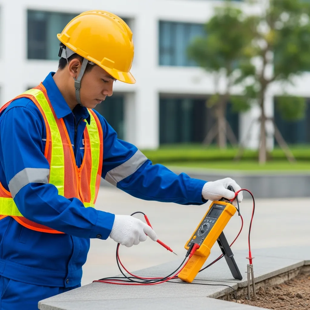 Kỹ thuật viên kiểm tra điện trở tiếp địa khi lắp đặt bộ chống sét lan truyền tại Đà Nẵng chuyên nghiệp