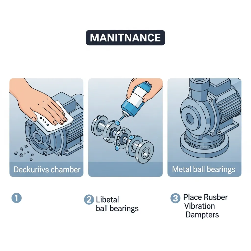 Minh họa cách vệ sinh buồng bơm, bôi trơn vòng bi và lắp đế giảm chấn máy bơm nước