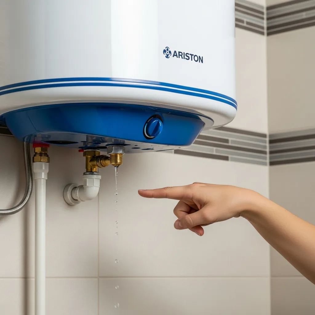 Người dùng chỉ tay vào vị trí rò rỉ nước dưới đáy bình nóng lạnh Ariston để sửa chữa