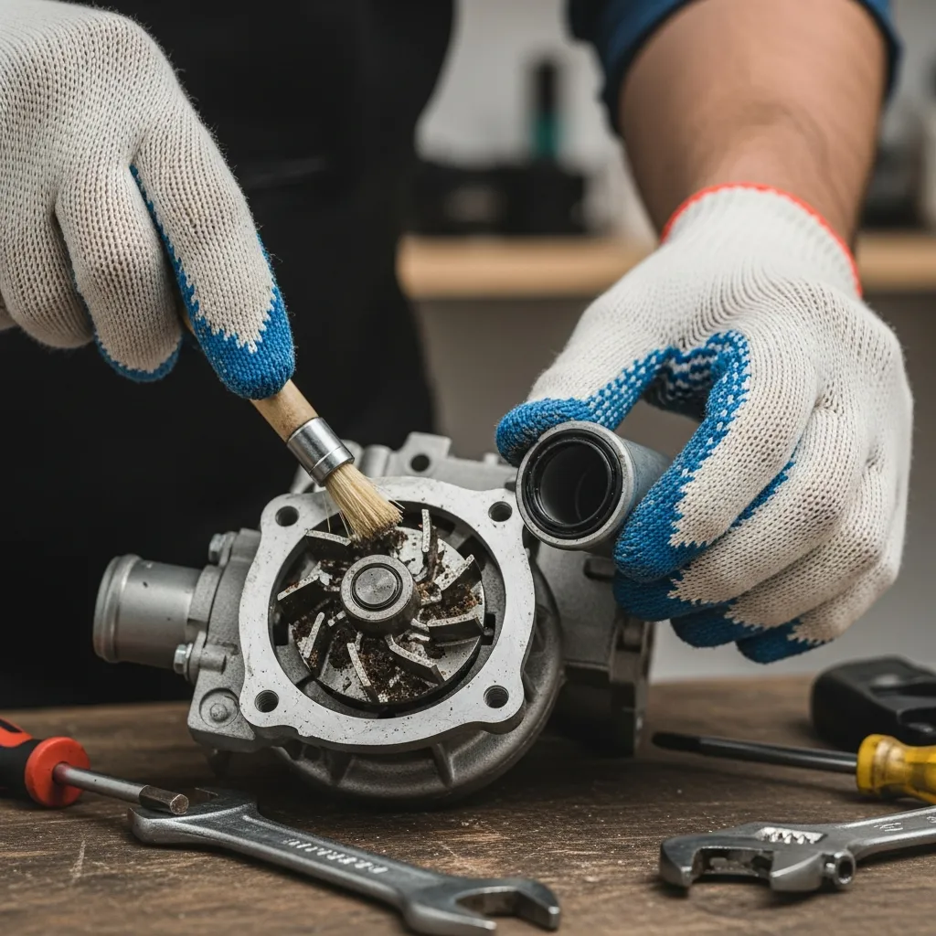 Người thợ đang vệ sinh cánh quạt và kiểm tra gioăng cao su máy bơm nước tại nhà.