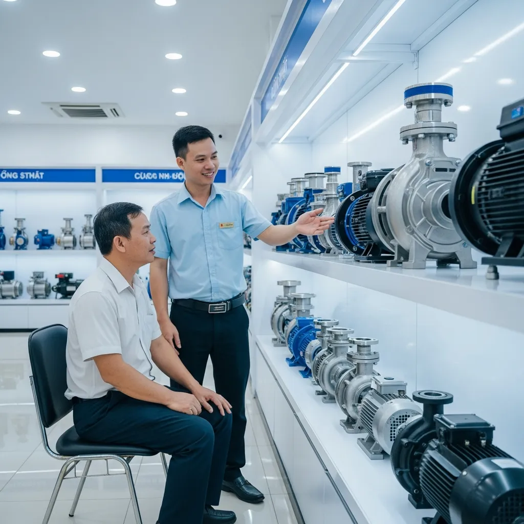 Nhân viên tư vấn khách hàng chọn mua máy bơm nước bền bỉ giá tốt tại showroom chuyên nghiệp ở Đà Nẵng