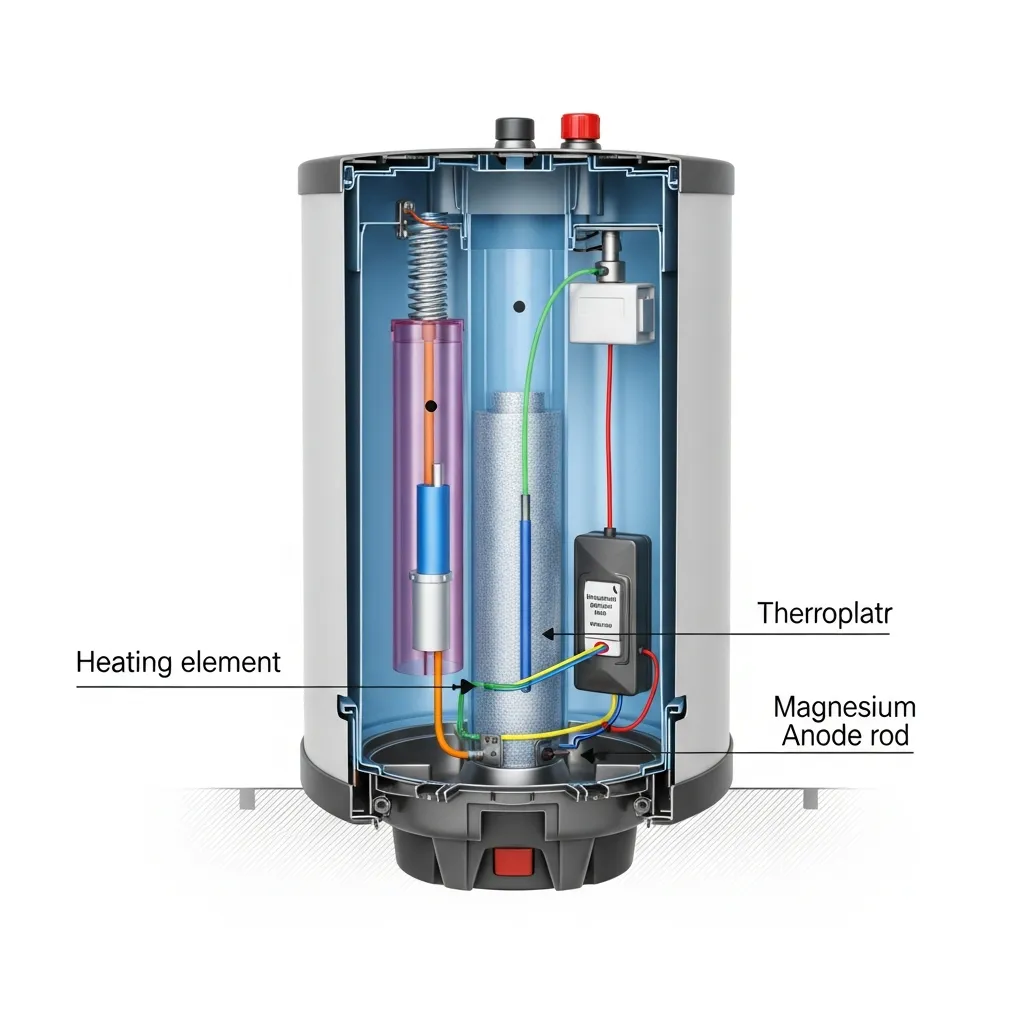 Sơ đồ cấu tạo bên trong bình nóng lạnh gián tiếp gồm thanh nhiệt, rơ le và thanh anode.