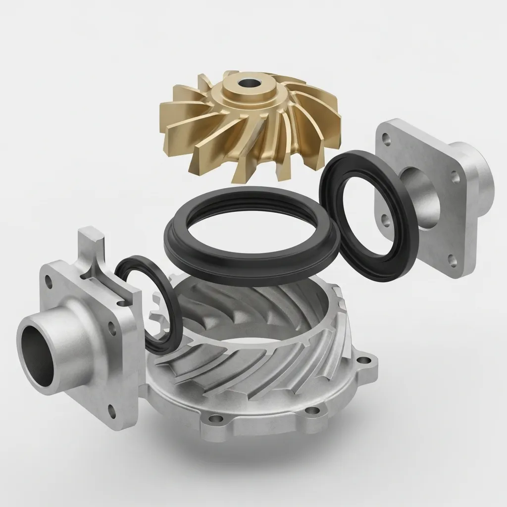 Sơ đồ cấu tạo chi tiết cánh quạt và vòng đệm O-ring bên trong đầu máy bơm nước