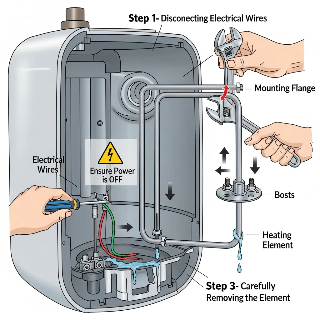 Sơ đồ hướng dẫn chi tiết các bước tháo thanh đốt bình nóng lạnh Rossi an toàn tại nhà