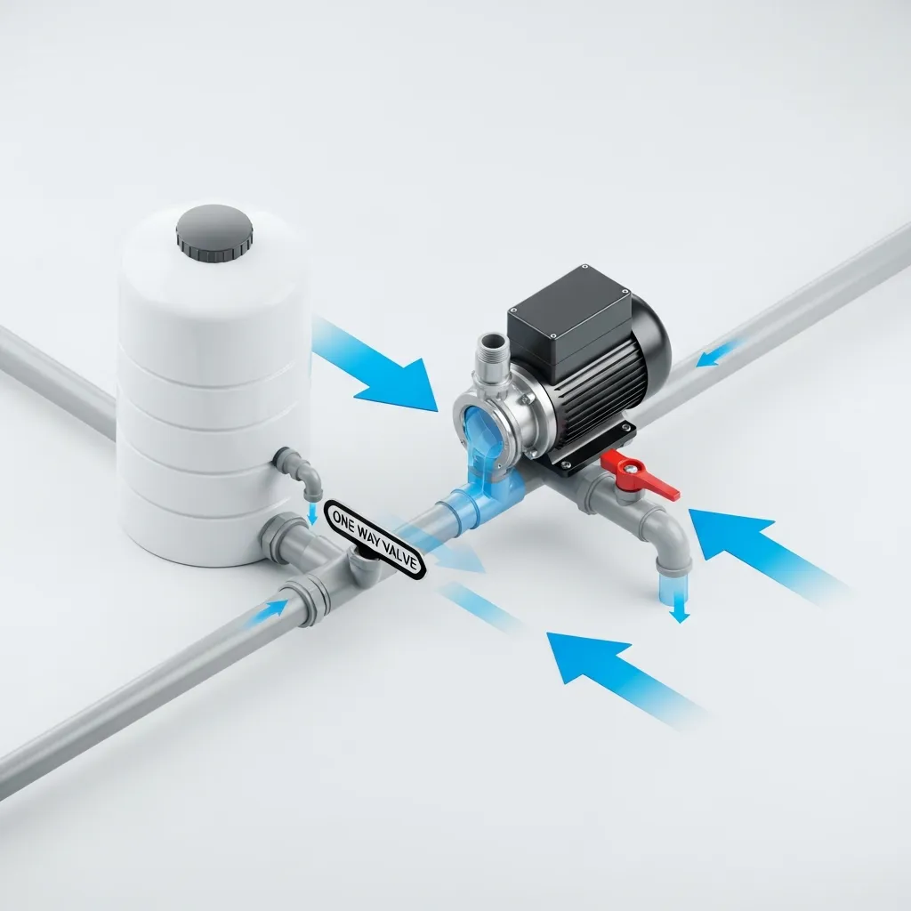Sơ đồ kỹ thuật lắp đặt máy bơm tăng áp có van một chiều giúp nước chảy mạnh tức thì
