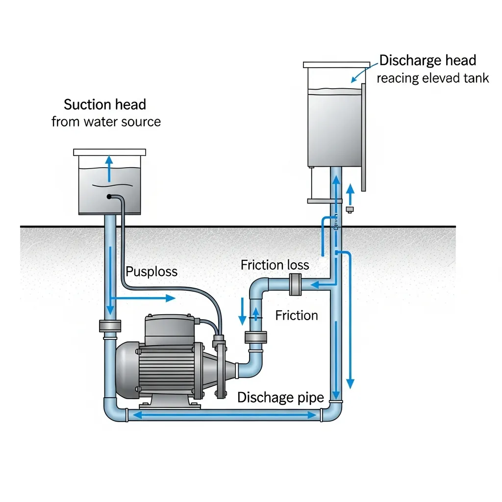 Sơ đồ kỹ thuật máy bơm nước gia đình thể hiện cột áp hút, đẩy và tổn thất ma sát.