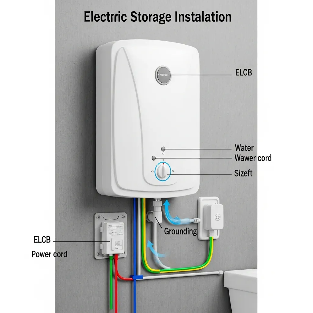 Sơ đồ minh họa cách lắp đặt bình nóng lạnh an toàn có dây tiếp địa và ELCB chống giật