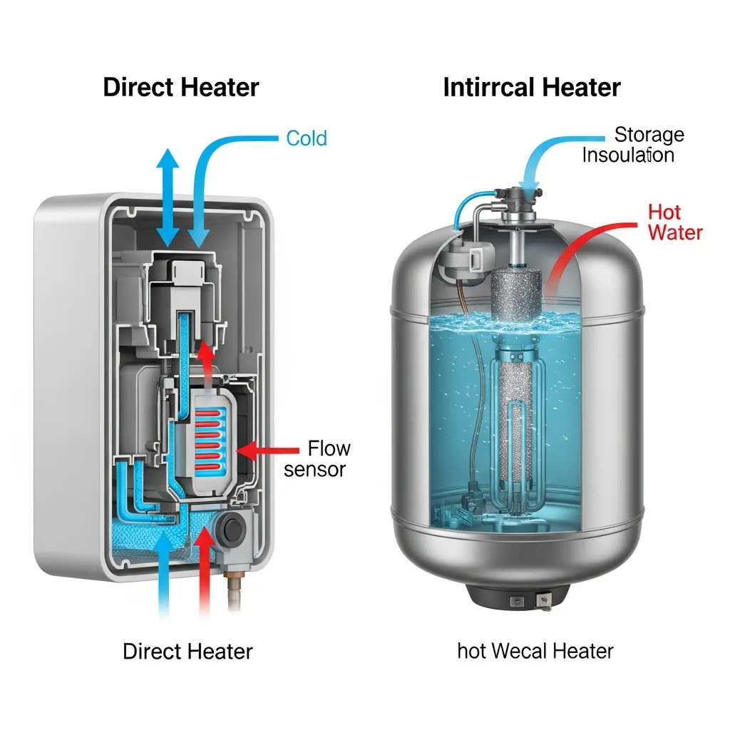 Sơ đồ so sánh cấu tạo bên trong của bình nóng lạnh trực tiếp và gián tiếp cho gia đình.